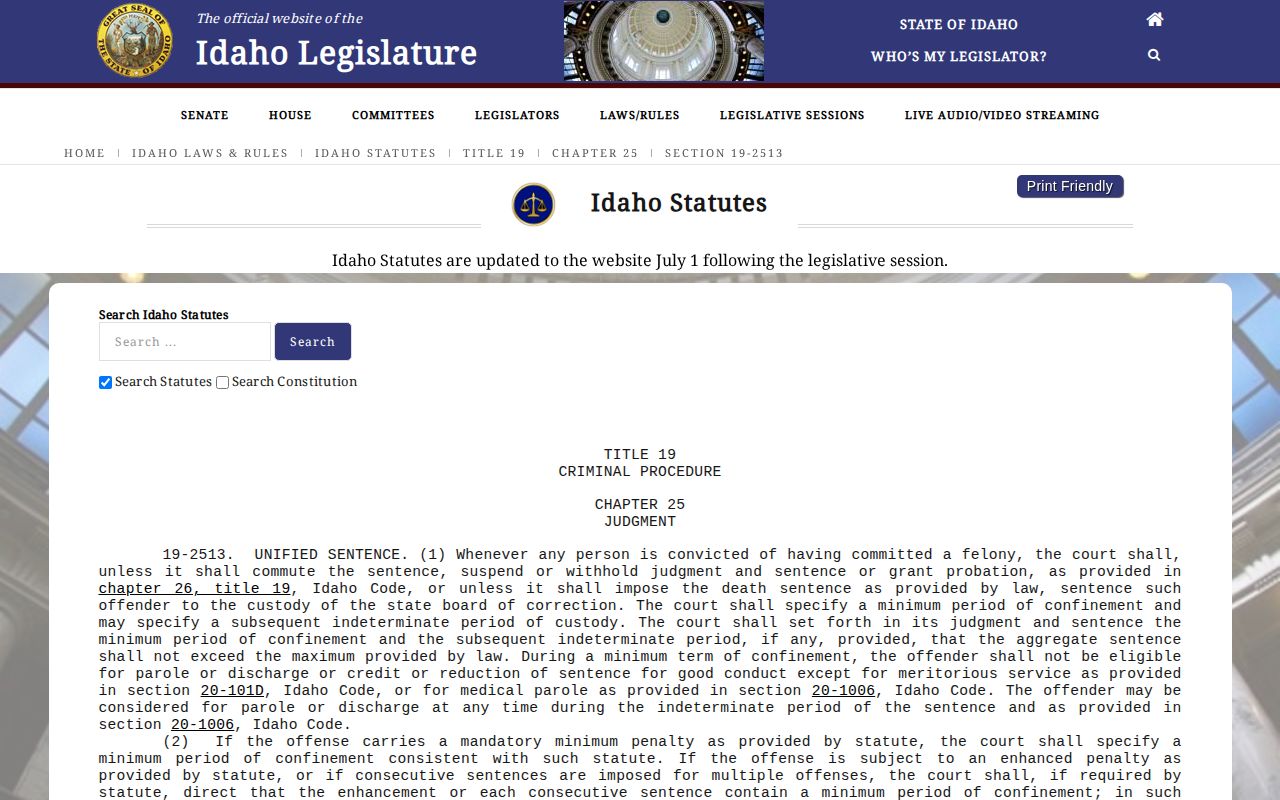 Idaho unified sentence statute on fixed and indeterminate terms
