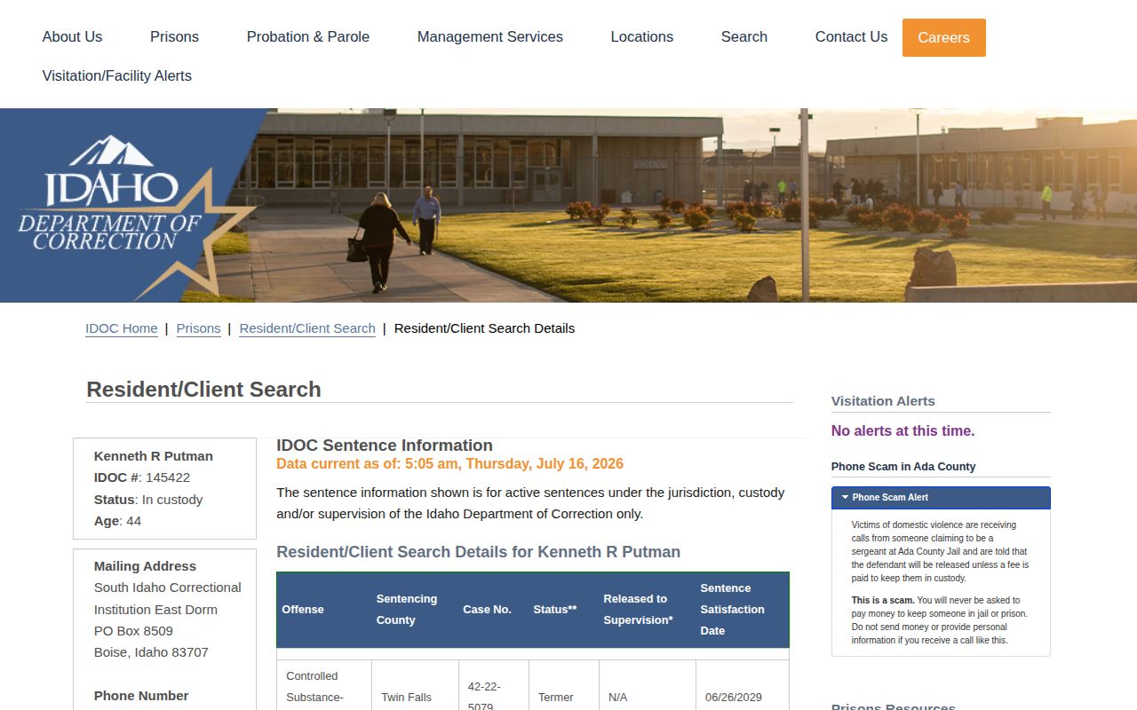 IDOC detail page showing parole eligibility and sentence date labels